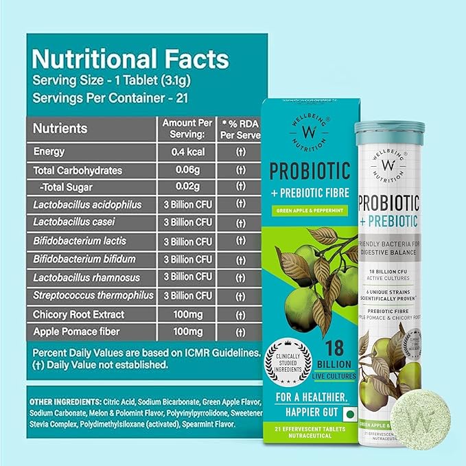 Wellbeing Nutrition Daily Probiotics + Prebiotics | Improve Metabolism Acidity Relief Digestion &amp Gut Health | 18 Billion CFU Organic Probiotics Supplement for Men &amp Women (21 Effervescent T
