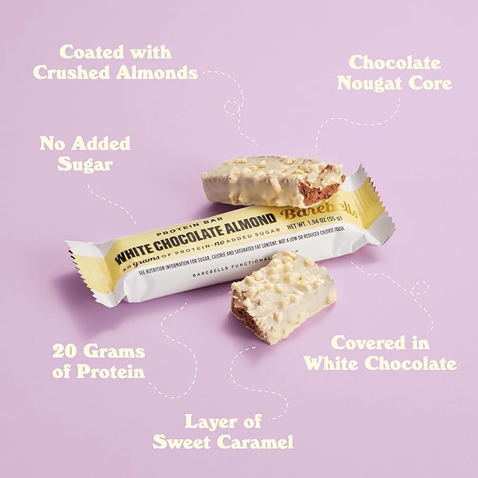 Barebells Protein Bars White Chocolate Almond - 12 Count Pack of 2 - Protein Snacks with 20g of High Protein - Chocolate Protein Bar with 1g of Total Sugars - On The Go Protein Snack &amp Breakfast