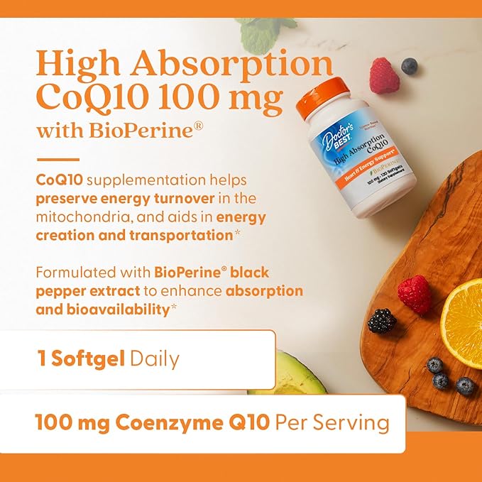 Doctor's Best High Absorption CoQ10 with BioPerine Supplement - Coenzyme Q10 Softgels for Heart Health &amp Antioxidant Support Naturally Fermented CoQ10 100mg for Women &amp Men Non GMO - 120 Sof