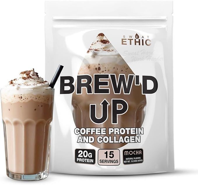 Sweat Ethic Brew’D UP Collagen Protein Coffee Whey Isolate &amp Collagen Peptides Natural Caffeine Low Lactose No Added Sugar Easy-Mix Protein Coffee Powder Mocha Flavor 15 Servings