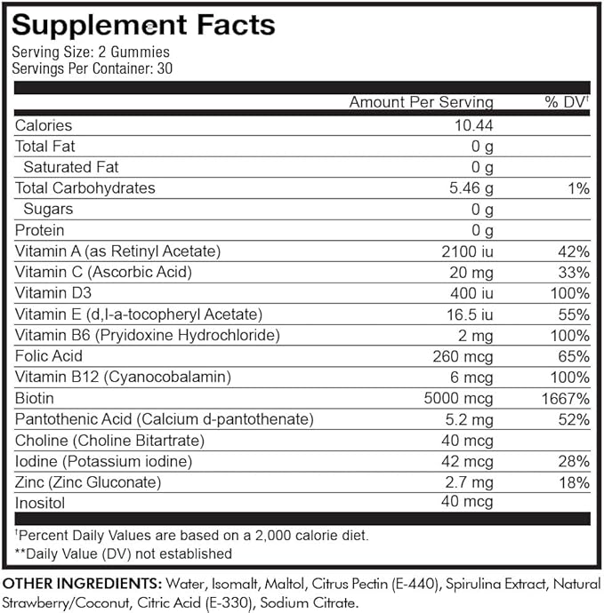 Codeage Hair Gummies Biotin 5000 mcg Sugar Free Growth Gummy Vitamins A C B6 B12 D3 Zinc Inositol Supplement Women &amp Men Pantothenic Folic Acid Nails Skin Strawberry Coconut Flavor 6