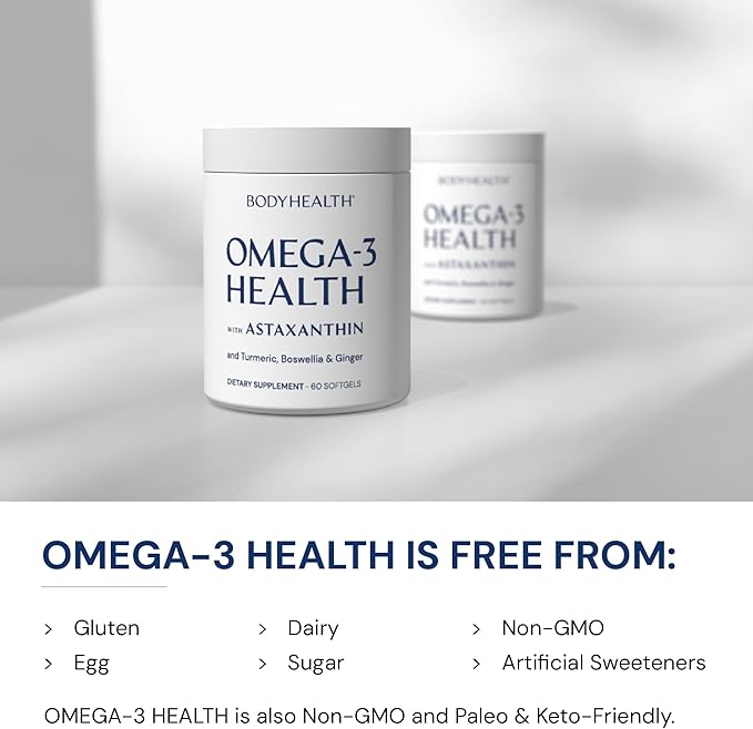 BodyHealth Omega 3 Health Fish Oil Supplement for Women and Men Heart and Brain Health Fish Oil Pills Fatty Acid Supplements Omega 3 Vitamins - 60 Soft Gels