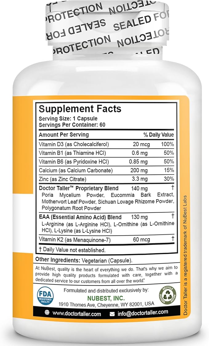 NuBest Doctor Taller - Bone Strength Supports Enhance Immune System - Keto with Calcium Vitamin D3 Vitamin K2 Amino Acids &amp Herbs for Children (8+) - 60 Vegan Capsules | 1 Month Supply