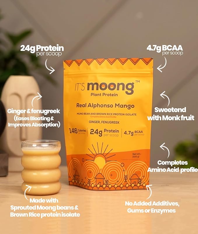 It's Moong Mung Bean &amp Brown Rice Isolate Protein | 24gms per Serve 4.7gms BCAA| Real Alphonso Mango | 500gms | Sprouted Plant Protein | Easy on the Gut Easy Digestibility