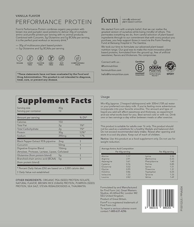 Form Performance Protein - Vegan Protein Powder - 30g of Plant Based Protein per Serving with BCAAs and Digestive Enzymes. Perfect Post Workout. Tastes Great with Just Water! (Vanilla)