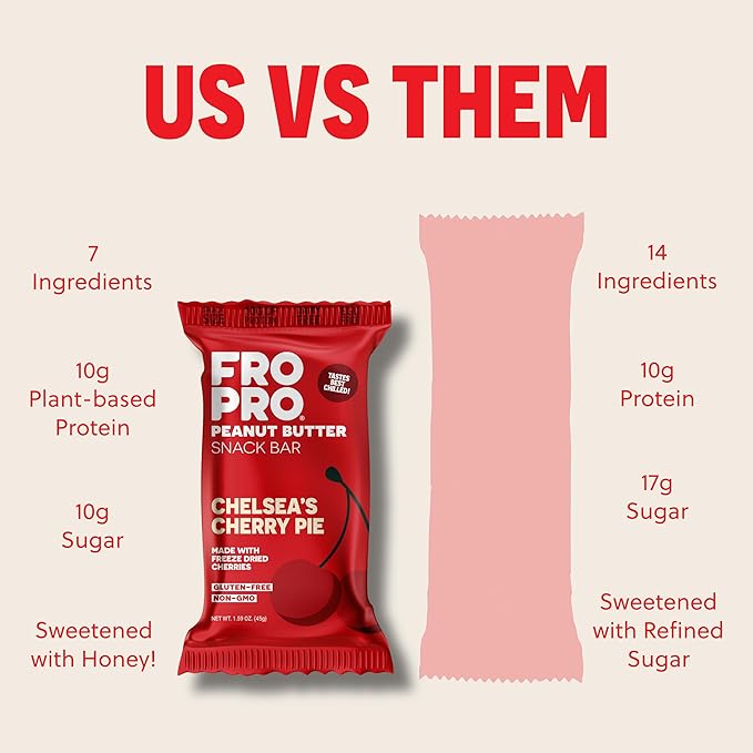 FROPRO Snack Bar - Peanut Butter Snack Bars - Gluten Free Dairy Free Soy Free Non GMO Plant Based Protein Snacks Bar - Crave-worthy | Chelsea's Cherry Pie 12 Pack