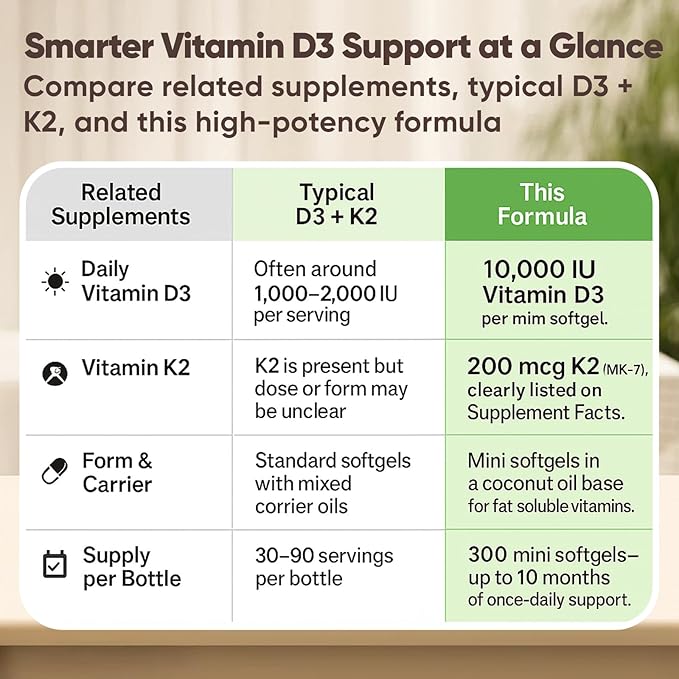 Real Good Essentials Vitamin D3 K2 RealGood Essentials D3+K2 (MK7) Coconut Oil 300 Softgels with Vitamins D &amp K 10000 Iu Supports Calcium Absorption Bone Immune.(1)