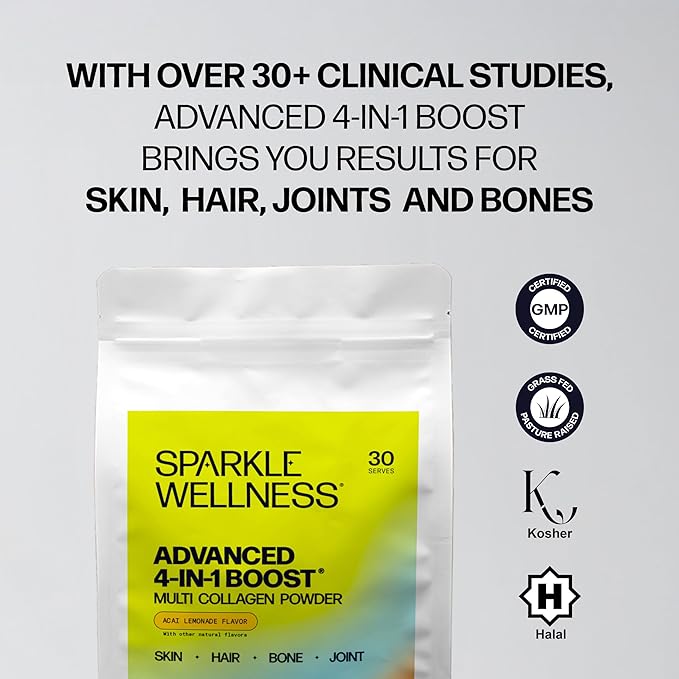 Sparkle Wellness Advanced 4 in 1 Boost | Clinically Tested Multi Collagen Powder with VERISOL FORTIBONE FORTIGEL TENDORFORTE | Acai Lemonade