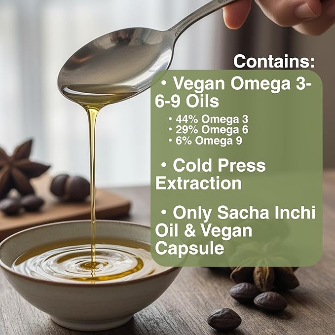 Sacha Inchi Oil Supplment 1000 mg Serving - Vegan Source of Pure Omega 3 6 9 Oils - for Supporting General Wellness Brain Function and Anti-Oxidation - 2 Month Supply