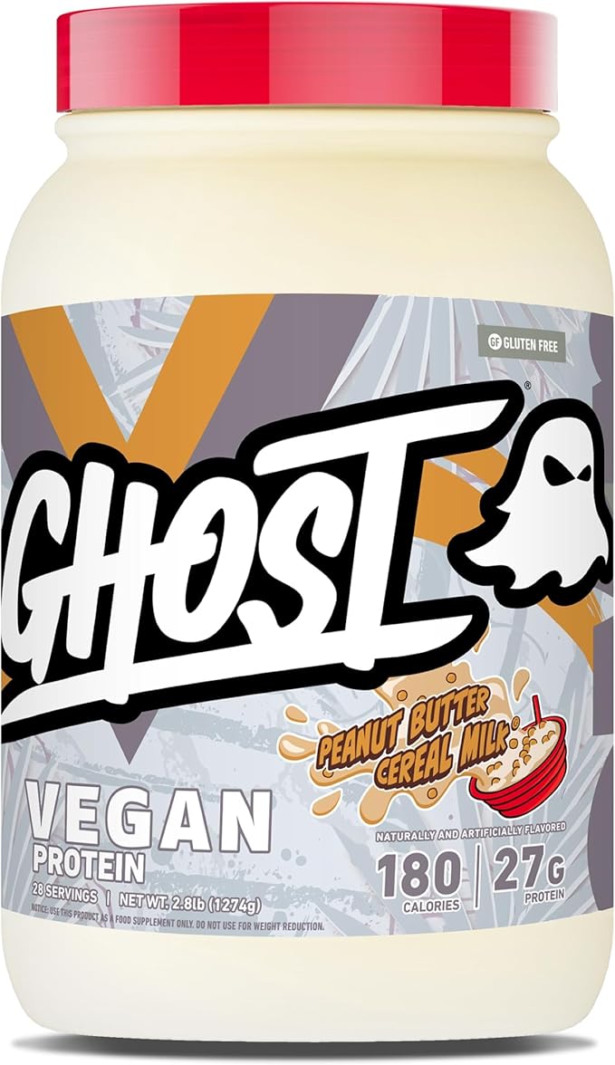 GHOST Vegan V2 Protein Powder Peanut Butter Cereal Milk - 2LB Tub 27G of Protein - Plant-Based Pea &amp Organic Pumpkin Blend Protein with Fiber &amp Iron ­Flavored Post Workout Shakes - Soy &amp