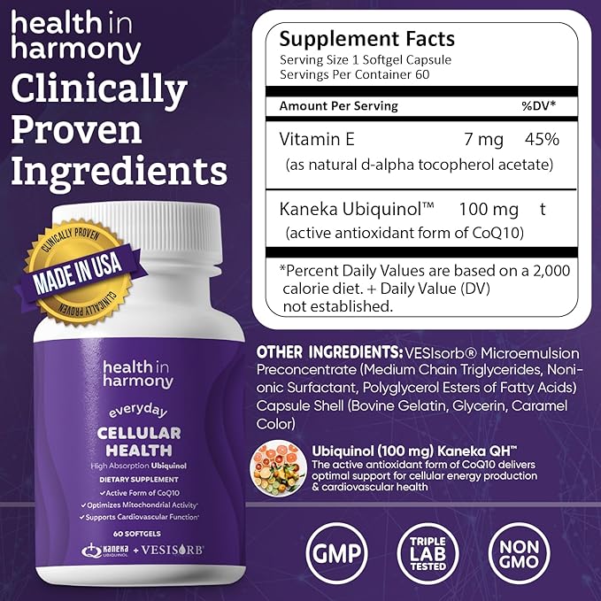 Everyday Cellular Health Supplement - Ubiquinol Coq10 Supplements With Vesisorb® For Enhanced Absorption - Energy Supplements Support Mitochondrial Function and Antioxidant Protection (2 Month Supply)