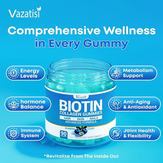 Biotin Gummies 10000mcg with Collagen - 23-in-1 Hair Growth Gummies for Women &amp Men - Hair Skin and Nails Gummies with Keratin &amp Saw Palmetto - Sugar Free Non-GMO Blueberry 180 Count