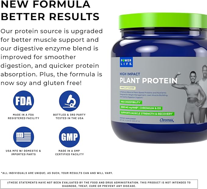 POWERLIFE High Impact Plant Protein Powder with 3000 MG of HMB Plant-Based No Sugar Added Vegan Keto Friendly Non-GMO (Vanilla - New Formula)