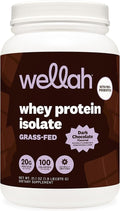 Wellah Grass-Fed Whey Protein Isolate Powder (Dark Chocolate) 30 Servings - with Prebiotics Enzymes &amp Probiotics 20g of Protein 100 Calories Naturally Sweetened