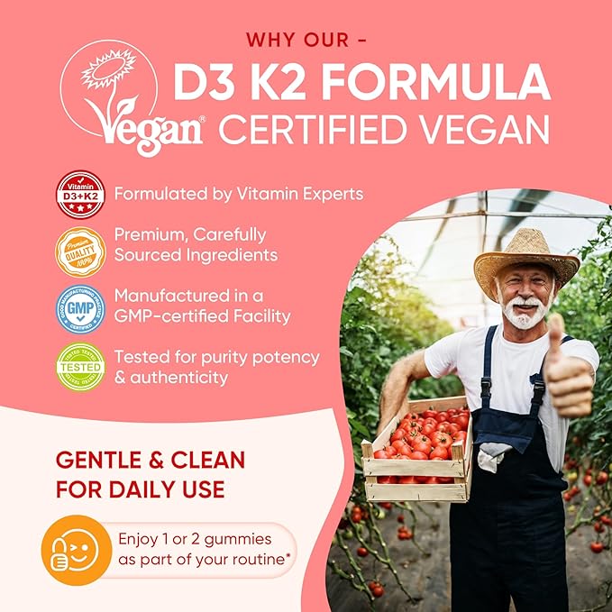 Vitamin D3 K2 Gummies 5000IU / 10000 IU with 500mg Calcium + K2(MK-7) 200mcg Magnesium Vitamin C &amp Zinc Extra Strength - Ultimate Absorbency for Bones Muscles Teeth Vegan 60 Count (Pack of