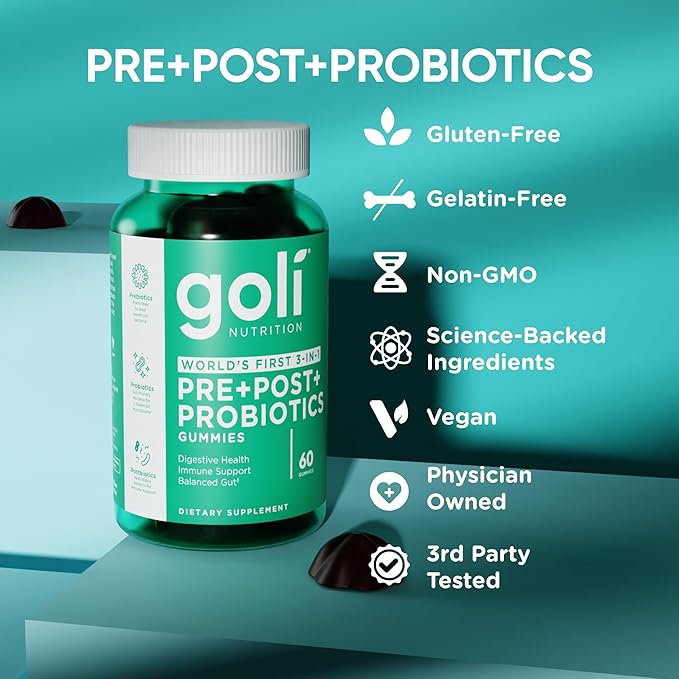 Goli Nutritional Supplement Pre+Post+Probiotics Gummy - 180 Count - World's First 3-in-1 Gluten-Free Vegan Non-GMO and Gelatin-Free.