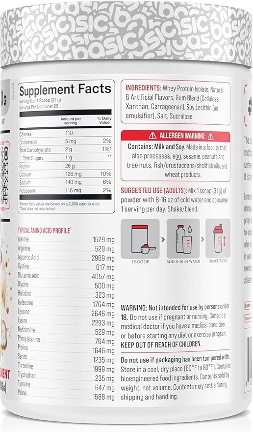 Basic Whey Protein Isolate 26g Protein 0g Fat Gluten-Free RBST-Free Rapid Absorption 110 Calories