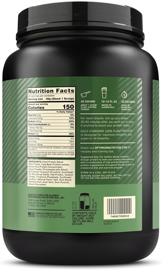 Optimum Nutrition Gold Standard 100% Plant Based Protein Powder Gluten Free Vegan Protein for Muscle Support and Recovery with Amino Acids - Rich Chocolate Fudge 20 Servings (Packaging May Vary)