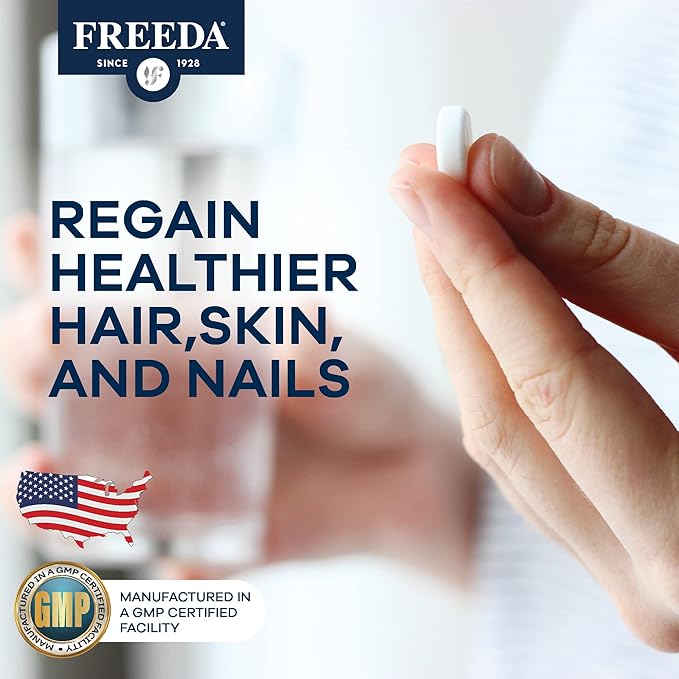 FREEDA Biotin 10000 mcg – Kosher Hair Skin &amp Nails Supplement – High-Potency B7 for Hair Growth &amp Strong Nails – Vegan Tablets with D-Biotin – 100 Tiny Tablet