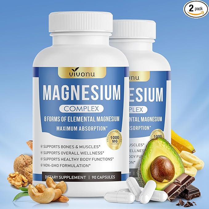 1000mg Magnesium Complex Capsules 8 Elemental with Magnesium Glycinate Citrate Malate Taurate Oxide Carbonate Aspartate Orotate for Bones Muscle Recovery Energy Vegan Non-GMO 2 Bottle