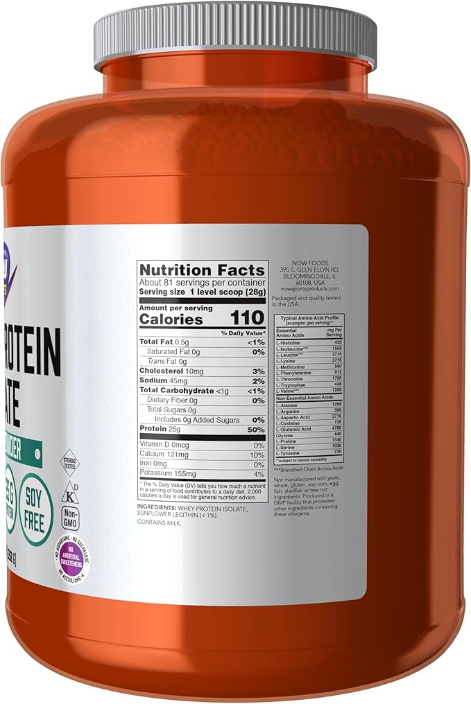 NOW Foods Sports Nutrition Whey Protein Isolate 25 g With BCAAs Unflavored Powder 5-Pound