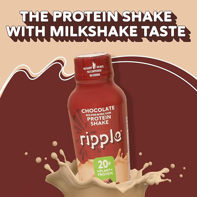 Ripple Vegan Protein Shake | Chocolate | 20g Nutritious Plant Based Pea Protein | Shelf Stable | No GMOs Soy Nut Gluten Lactose | 12 Oz 12 Pack