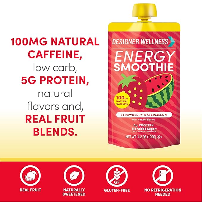 Designer Wellness Energy Smoothie Real Fruit 100mg Natural Caffeine 5g Protein Low Carb Zero Added Sugar Gluten-Free Strawberry Watermelon 12 Count