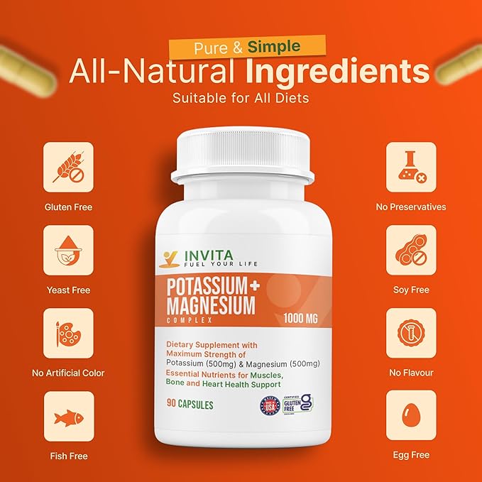 Invita Potassium Magnesium Complex 1000 MG for Leg &amp Muscle Support I (90 Capsules) - High Absorption Potassium Aspartate with Magnesium Aspartate Oxide Glycinate Gluconate &amp Citate