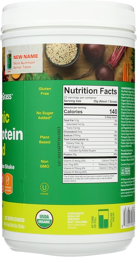 Amazing Grass Organic Plant Protein Blend: Vegan Protein Powder New Protein Superfood Formula All-In-One Nutrition Shake with Beet Root Original 22 Servings