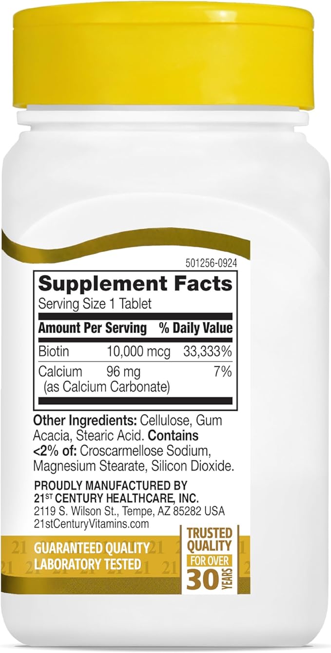 21st Century Biotin 10000 mcg Tablets (360 Count) High Potency Biotin Supplement Supports Hair Skin &amp Nail Health Gluten &amp Sugar-Free Daily Vitamin B7 Supplement Non-GMO