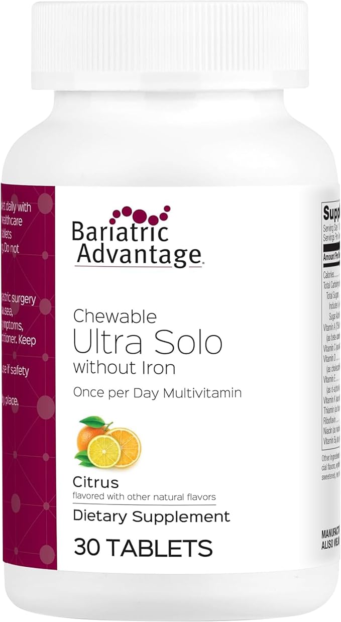 Bariatric Advantage Chewable Ultra Solo Without Iron - Once-Per-Day Daily Multivitamin - for Bariatric Surgery Patients - Thiamin Vitamin A &amp More - Gluten-Free - Citrus - 30 Count