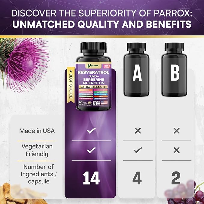 Resveratrol Supplement with Milk Thistle NAD Berberine Quercetin Fisetin Pomegranate Green Tea Noni Acai Blueberry Grape Seed Extracts N-Acetyl Cysteine 14-in-1 Extra Strength (180 Caps)