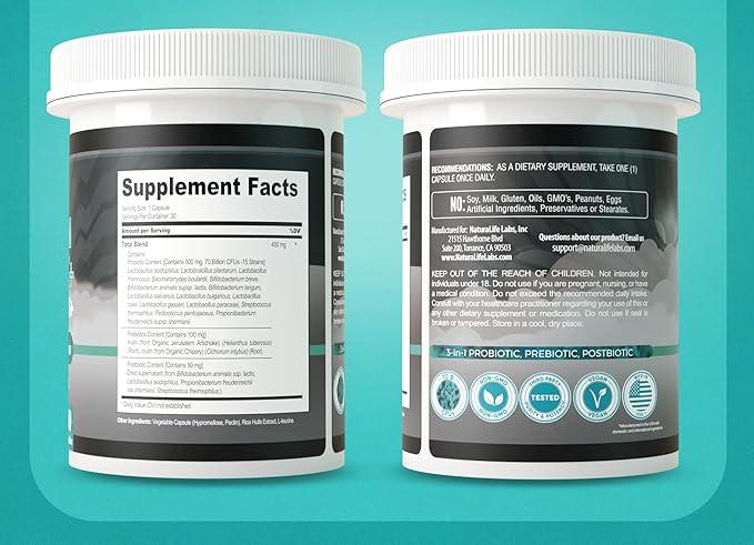 NaturaLife Labs Probiotics 70 Billion CFU – 15 Strains with Organic Prebiotic &amp Postbiotic – 3-in-1 Formula – 30 Vegan Capsules (2 Pack)