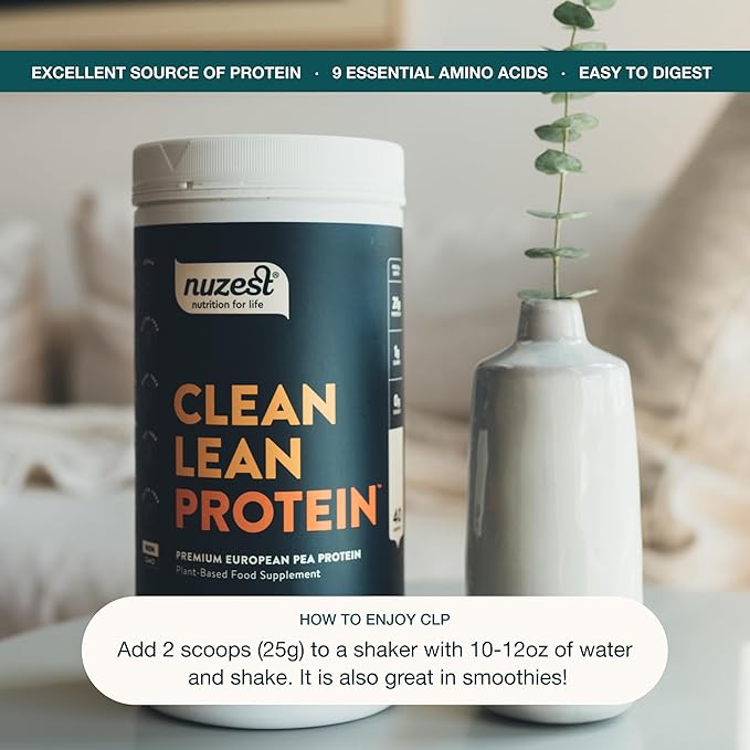 Nuzest Vegan Pea Protein Powder - Clean Lean Protein 40 Servings 20g Protein Unflavoured Protein Shake Mix + Sports Shaker Bottle 24oz