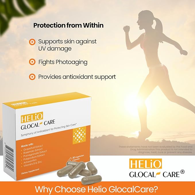 GlocalCare Helio – Antioxidant-Rich Sun Defense &amp Skin Rejuvenation Supplement with Polypodium Nutroxsun Astaxanthin &amp Pomegranate Extract - Fights Photoaging &amp Oxidative Stress - (30 Ca