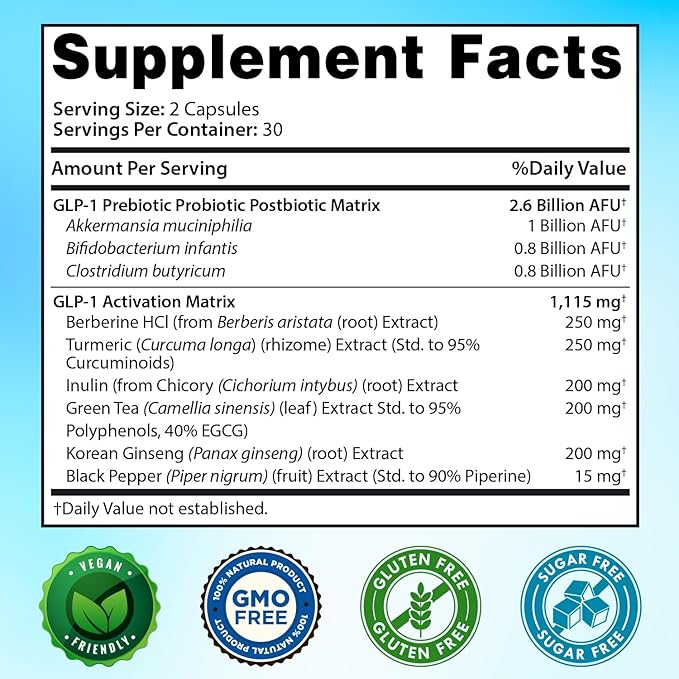 GLP-1 XLR8 Supplement for Weight Loss Digestion Constipation Bloating Relief with Akkermansia 2.6 Billion AFU Live Prebiotic Probiotic Postbiotic Gut Health + Berberine for Women Men 60 Capsules