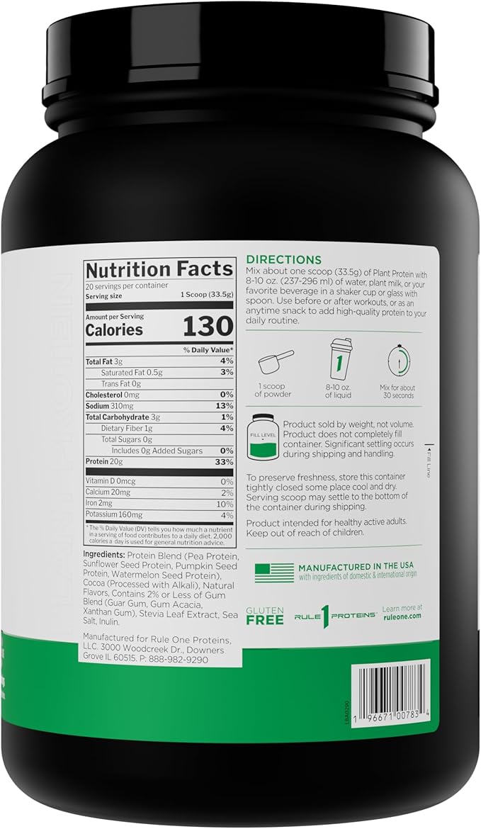 Rule 1 Plant Protein - Vegan Gluten-Free Dairy Free &amp Soy Free Protein Powder with 20g Protein per Serving (20 Servings Dark Chocolate)