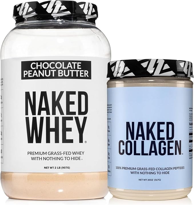 NAKED Whey Chocolate Peanut Butter Protein Powder (21 Servings) + Collagen Peptides Protein Powder 20oz (60 Servings) – Grass-Fed Non-GMO Gluten Free Soy Free