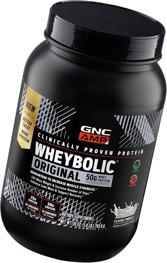 GNC AMP Wheybolic Clinically Proven Protein Powder 50g Whey Protein BCAA Leucine Increases Muscle Strength Muscle Building 3rd Party Tested Gluten Free Classic Vanilla 13 Servings