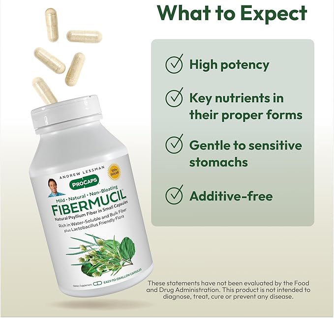 ANDREW LESSMAN Fibermucil 1000 Capsules -Psyllium Husk Powder. Gently Promotes Regularity and Digestive Health. Rich in Fiber. Gentle Easy Effective. No Additives. Small Easy to Swallow Capsules