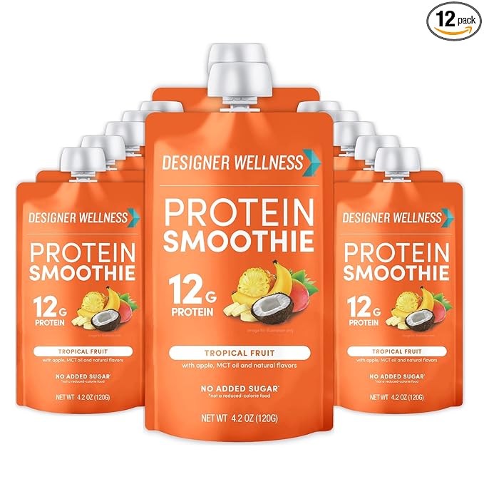 Designer Wellness Protein Smoothie Real Fruit 12g Protein Low Carb Zero Added Sugar Gluten-Free Non-GMO No Artificial Colors or Flavors Tropical 12 Count