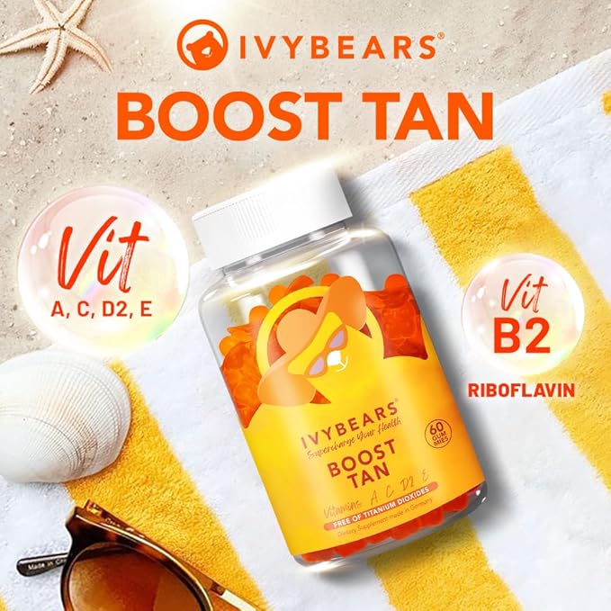 IvyBears® Glow &amp Hair Pack for Women – Hair Vitamin + Glow Tanning Gummies – Vegan Gummies with Biotin Collagen Keratin &amp Beta-Carotene – Hair Growth &amp Natural Tan Support – 60 ct Each