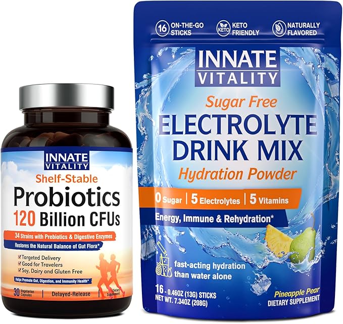 Innate Vitality Electrolytes Powder + Probiotics 120 Billion CFUs Bundle Delayed Release No Sugar Hydration &amp Exercise Support Value Pack Bundle &amp Save