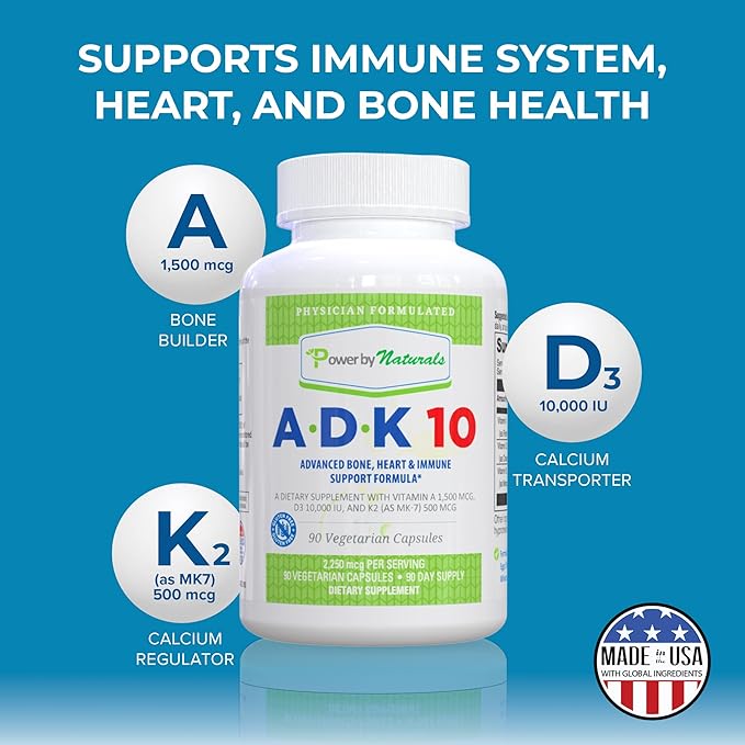 Power By Naturals ADK Vitamin Supplement – ADK 10 High Potency with Vitamins A D3 10000 IU &amp K2 MK7 for Superior Heart Immune &amp Bone Health Support – 90 Capsules 1 Pack (3-Month Supply)