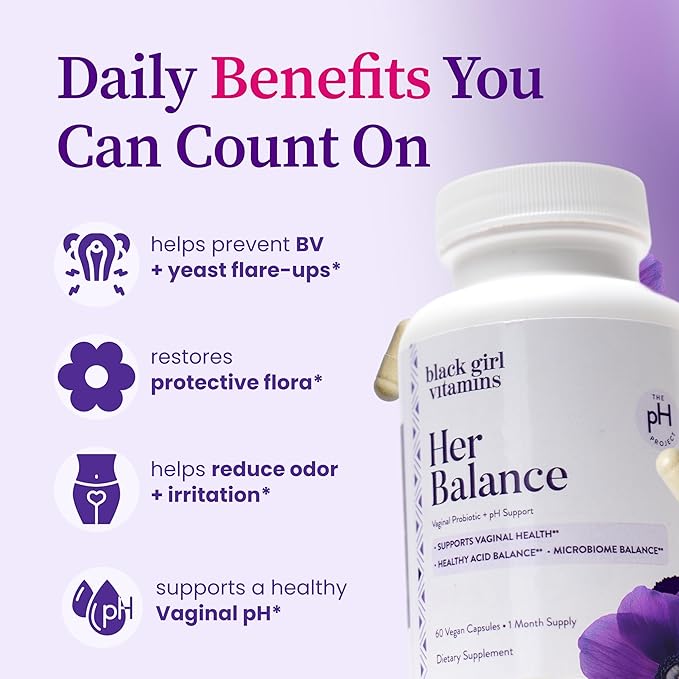 Black Girl Vitamins - Her Balance Vaginal Probiotics - Daily Microbiome Support for Women - 10 Billion CFU Lactobacillus Crispatus &amp Gasseri + Herbal Blend - Vegan Gluten-Free Halal (30-Day Supp