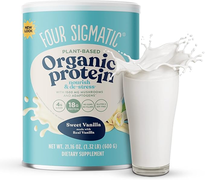 Four Sigmatic Organic Plant-Based Protein Powder Bundle with Peanut Butter Vanilla Flavors Mushrooms and Adaptogens | 21.16 oz