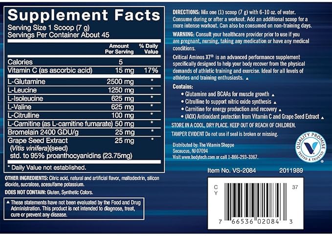 BodyTech Critical Aminos XT - Intra/Post Workout Amino Acid Formula - Supports Recovery Endurance &amp Performance - Fruit Punch (11.1 oz 45 Servings)