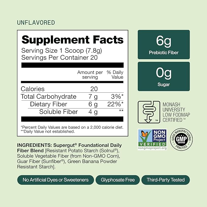Supergut Foundational Daily Fiber Powder Sugar Free &amp Vegan Prebiotic Fiber Blend for Gut Health &amp Digestive Support Supplement for Men &amp Women with Solnul &amp Sunfiber Unflavored 20
