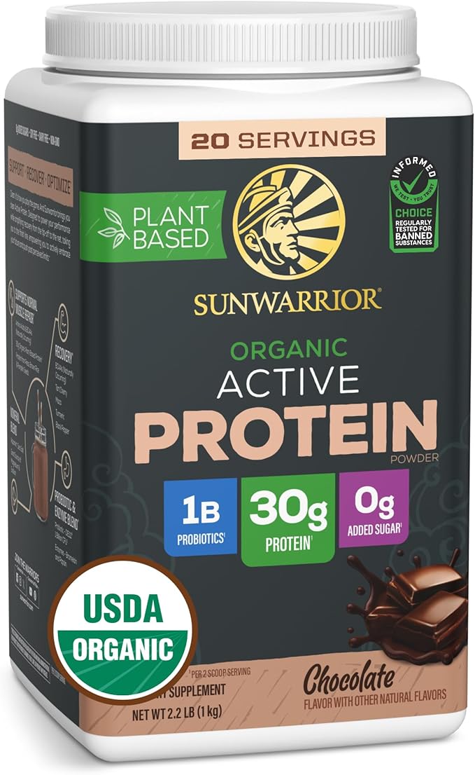 Sunwarrior Organic Plant Based Protein Powder | Vegan Organic Protein Powder with BCAA Amino Acids Plus Recovery Minerals &amp Botanicals | Non-GMO Soy Dairy &amp Gluten Free (Chocolate 20 Servings