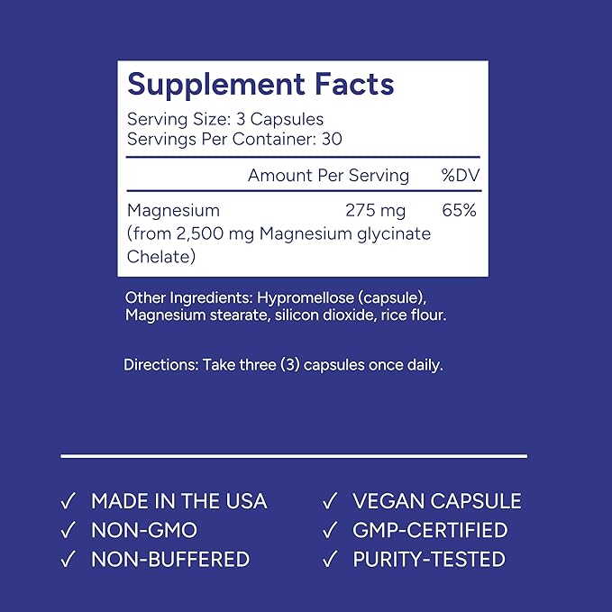 100% Pure Magnesium Glycinate | Fully Reacted Magnesium Bisglycinate Buffered-Free | Muscle Relaxation &amp Sleep Support – Well Tolerated (Vegan Non-GMO) 90 Capsules | Made in the USA